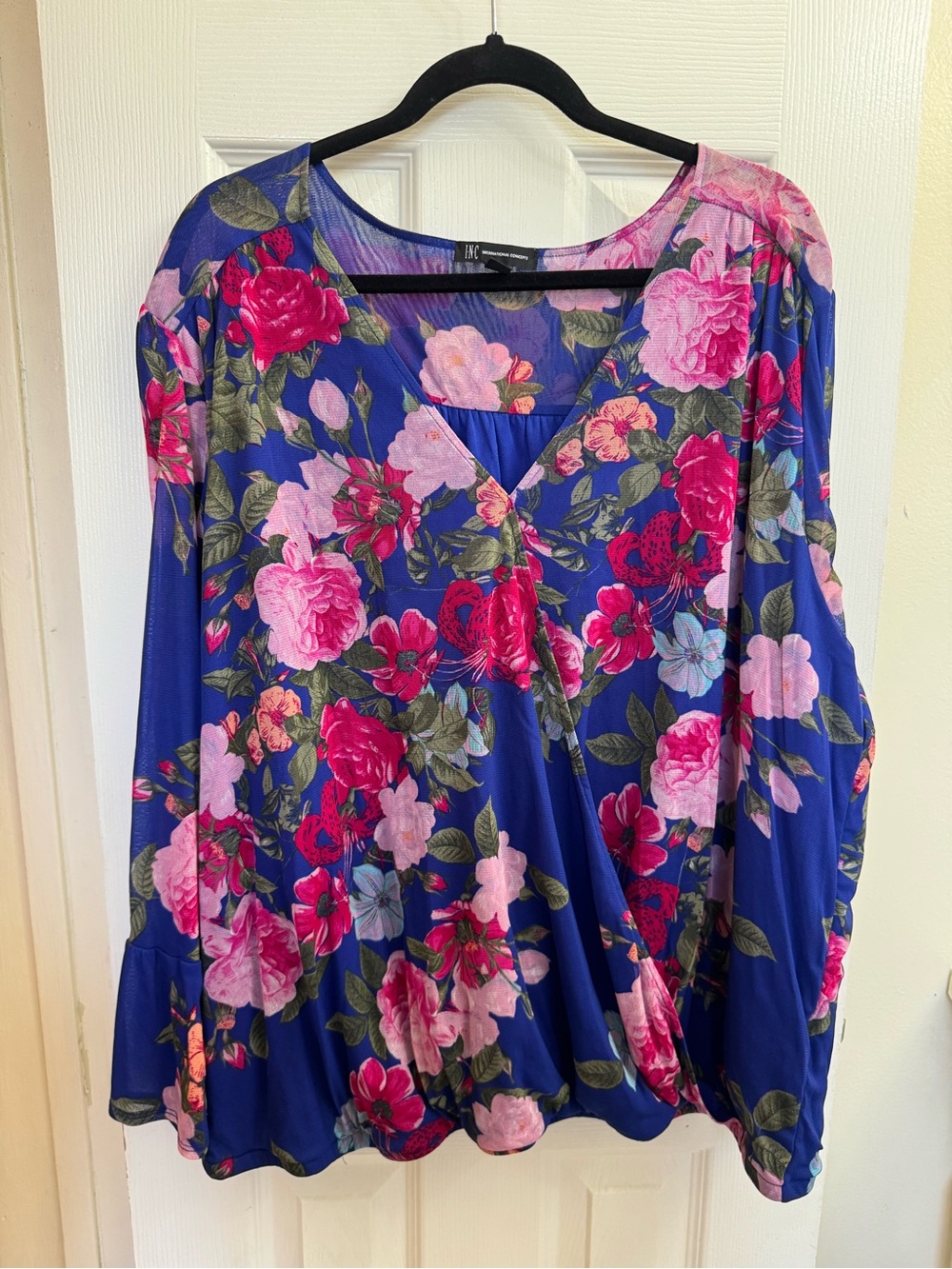 INC International Concepts Royal Blue Floral V-Neck Wrap-Front Tunic